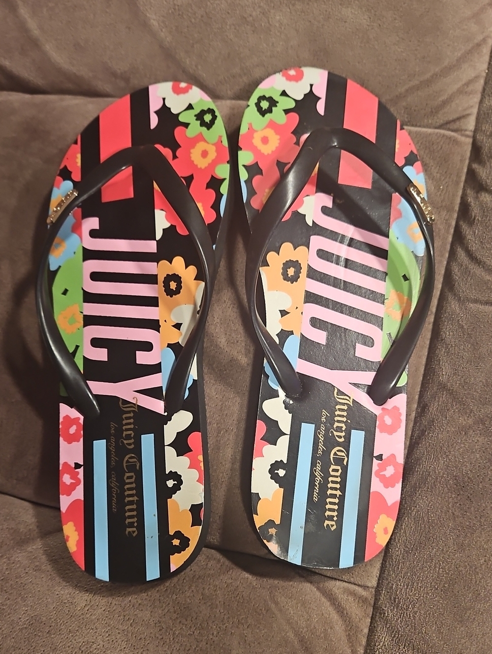 Juicy Couture Black Flip Flops with Multicolor Floral Stripes